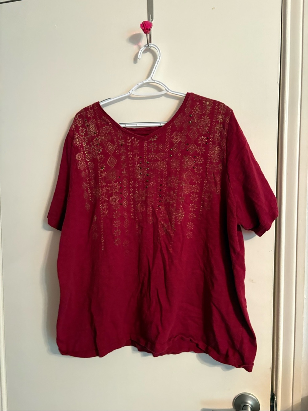 Catherines Red Short-Sleeve Top with Gold Embroidery